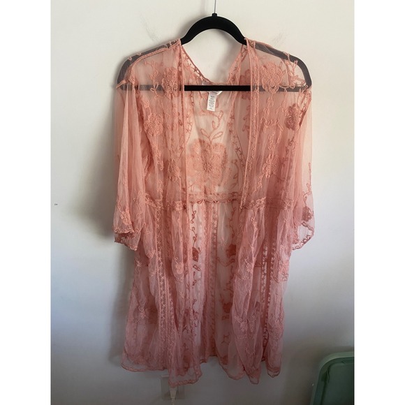 LC Lauren Conrad Sweaters - LC Lauren Conrad Pink Floral Embroidered Mesh Kimono Wrap One Size Open Front